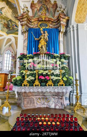 Autel latéral avec la figure de la Vierge Marie, décorations florales et lumières, Saint Église paroissiale de Martin à Oberguenzburg, Allgaeu, Bavière Banque D'Images