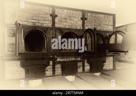 Incinérateur de crématorium, ancien camp de concentration forêt de hêtres, aujourd'hui mémorial, noir et blanc, vintage, Weimar, Thuringe, Allemagne Banque D'Images