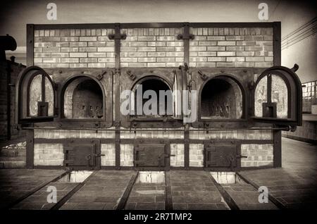 Incinérateur de crématorium, ancien camp de concentration forêt de hêtres, aujourd'hui mémorial, noir et blanc, vintage, Weimar, Thuringe, Allemagne Banque D'Images