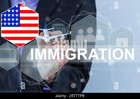 Concept de l'immigration aux États-Unis avec bouton virtuel d'appui Banque D'Images