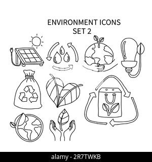 Ensemble d'icônes d'environnement 2 dessin animé mignon style Doodle illustration vectorielle Illustration de Vecteur