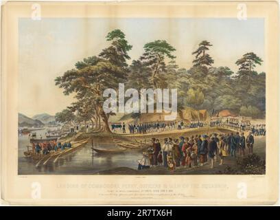 Atterrissage du Commodore Perry, officiers et hommes de l'escadron, pour rencontrer les commissaires impériaux à Simoda, Japon, 8 juin 1854 1855 Banque D'Images