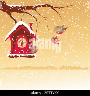 Carte de Noël oiseau de robin envoyer salutation sur fond blanc neige terre Illustration de Vecteur