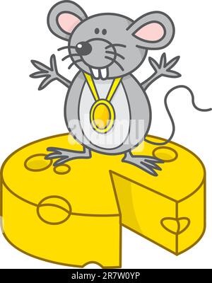 Dessin animé de champion de souris avec médaille debout sur le fromage jaune. Illustration de Vecteur
