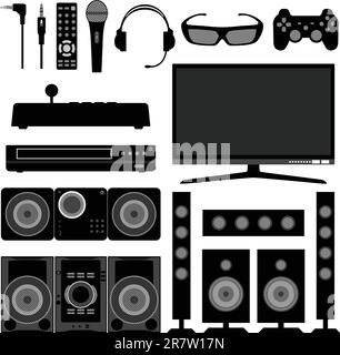 Un ensemble d'équipements audio et visuels dans la silhouette. Illustration de Vecteur