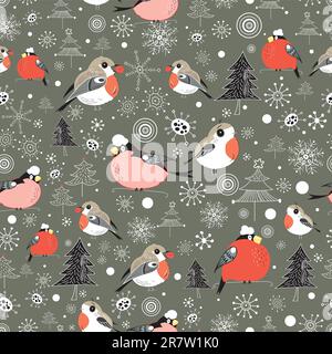 motif graphique sans couture avec oiseaux sur fond marron avec arbres et flocons de neige Illustration de Vecteur