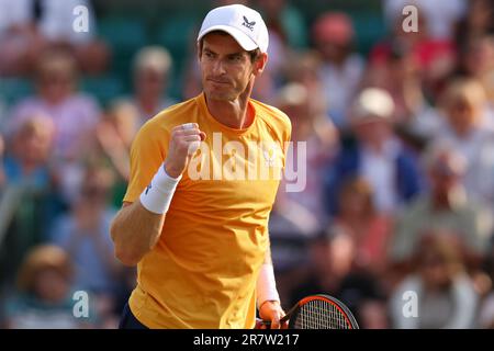 17th juin 2023; Nottingham tennis Centre, Nottingham, Angleterre: Rothesay Nottingham Open, jour 6; Andy Murray célèbre la victoire contre Nuno Borges Banque D'Images