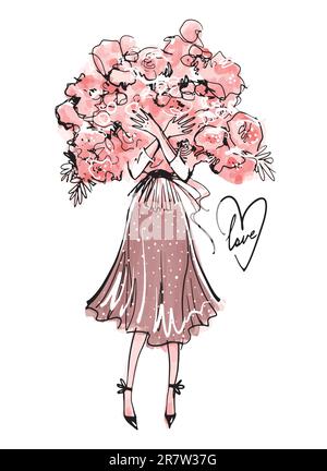 Femme en talons hauts embrassant un énorme bouquet de fleurs, dessin moderne de mode illustration. Une dame élégante se cacha derrière des fleurs, carte d'amour vintage, valentiti Illustration de Vecteur
