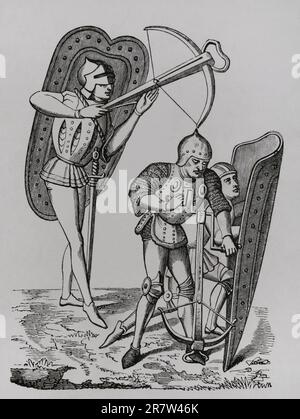 Crossbowmen protégés par des boucliers, 15th siècle. Gravure d'une miniature des chroniques de Froissart. 'Les Arts au Moyen Age et l'Epoque de la Renaissance', par Paul Lacroix. Paris, 1877. Banque D'Images