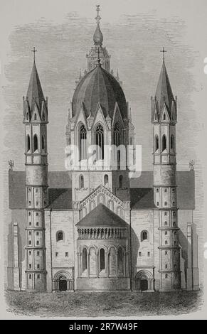 Cathédrale de Mayence, Allemagne. Style roman. Vue générale de l'extérieur. Gravure. 'Les Arts au Moyen Age et l'Epoque de la Renaissance', par Paul Lacroix. Paris, 1877. Banque D'Images