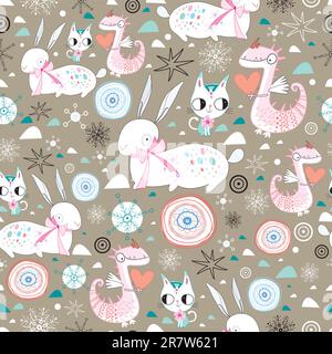 Nouveau design sans couture des dragons lapins et chats sur fond marron avec flocons de neige Illustration de Vecteur