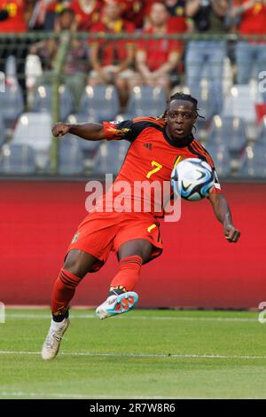 Solna, Suède. 17th juin 2023. Jeremy Doku de Belgique photographié en action lors d'un match de football entre l'équipe nationale belge Red Devils et l'Autriche, samedi 17 juin 2023 à Bruxelles, deuxième (sur 8) match de qualification pour les championnats d'Europe Euro 2024. BELGA PHOTO KURT DESPLENTER crédit: Belga News Agency/Alay Live News Banque D'Images