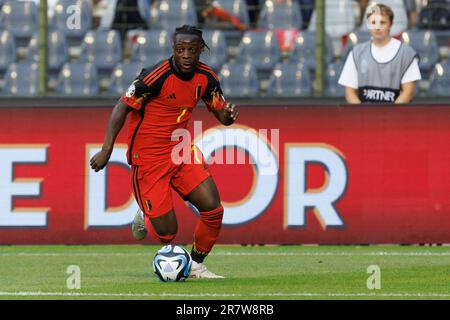 Solna, Suède. 17th juin 2023. Jeremy Doku de Belgique photographié en action lors d'un match de football entre l'équipe nationale belge Red Devils et l'Autriche, samedi 17 juin 2023 à Bruxelles, deuxième (sur 8) match de qualification pour les championnats d'Europe Euro 2024. BELGA PHOTO KURT DESPLENTER crédit: Belga News Agency/Alay Live News Banque D'Images