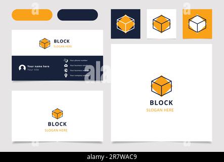 Logo de bloc avec slogan modifiable. Livre de marque et modèle de carte de visite. Illustration de Vecteur