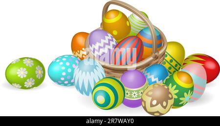 Illustration de peints colorés oeufs de Pâques dans un panier en osier Illustration de Vecteur