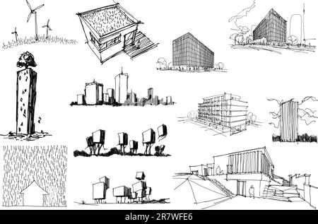 de nombreuses esquisses architecturales dessinées à la main d'une architecture moderne abstraite et maisons individuelles et idées urbaines Banque D'Images