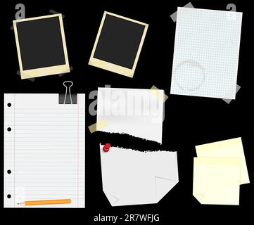 Papeterie - cadres photo anciens vierges, papiers doublés, carrés et déchirés avec ruban transparent, pouce et notes de mémo - isolé sur noir Illustration de Vecteur