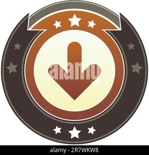 Icône flèche vers le bas sur un bouton vectoriel impérial rond rouge et marron avec des accents en étoile convient pour une utilisation sur le site Web, dans les documents imprimés et promotionnels, un... Illustration de Vecteur