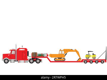 Image vectorielle d'une semi-remorque et d'un camion à faible charge rouge avec cabine couchette chargée d'une pelle hydraulique et d'un rouleau de route Illustration de Vecteur