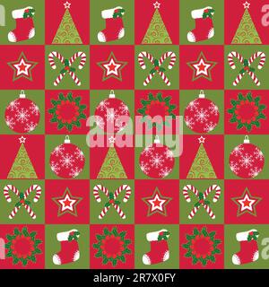 Christmas ornament seamless pattern red green background Stock Vector