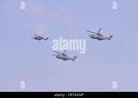 Londres, Royaume-Uni. 17th juin 2023. Trois hélicoptères Wildcat participent au flypast qui conclut les célébrations du Trooping The Color marquant l'anniversaire du Roi. Près de 70 avions de la Royal Navy, de l'Armée britannique et de l'Aviation royale étaient dans l'étendue exposée, réarrangés après que le FCoronation a été réduit en raison du mauvais temps. Crédit : onzième heure Photographie/Alamy Live News Banque D'Images