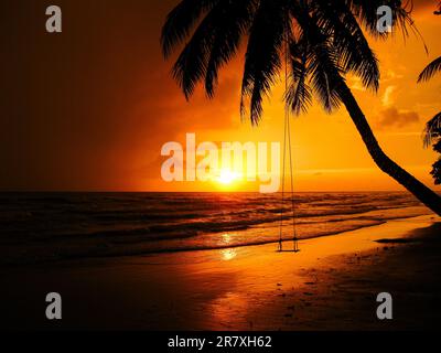 Balançoire à corde suspendue à un palmier sur la plage au coucher du soleil pendant que les vagues se roulent. Koh Chang, Thaïlande Banque D'Images