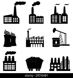 Icônes d'usine, de forage pétrolier, de centrale nucléaire et d'énergie Illustration de Vecteur