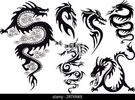 tatouages de dragons avec des flammes, ensemble vectoriel Illustration de Vecteur