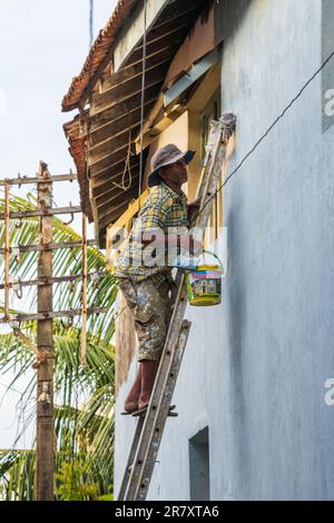 Galle, Sri Lanka - 02 03 2022: Peintre de maison sur une échelle, tenant un seau à peinture et un pinceau. Banque D'Images