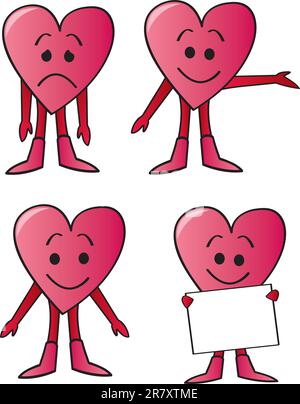 Quatre personnages de coeur de bande dessinée dans diverses poses et avec diverses expressions faciales. Illustration de Vecteur