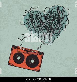 Cassette audio Vintage illustration en forme de coeur avec ruban. malpropre Vector, EPS10 Illustration de Vecteur