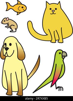 Cinq animaux de compagnie de maison communs dessinés dans un style de dessin animé. Illustration de Vecteur