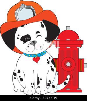 Un Pup dalmatien souriant, assis près d'un poteau incendie rouge, porte un chapeau de pompier et se met à la queue avec joie. Illustration de Vecteur