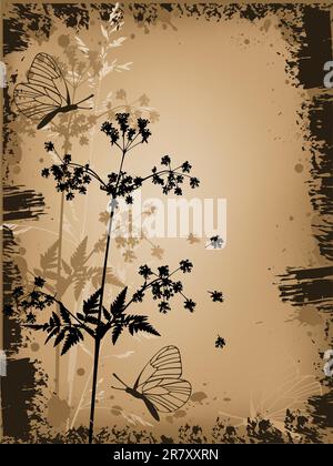 Vector grunge floral background with butterflies Illustration de Vecteur