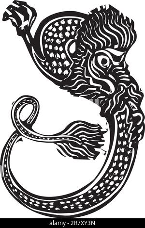 Image style gravure sur bois d'un dragon chinois de curling pour la nouvelle année. Illustration de Vecteur