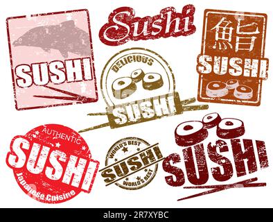 Jeu de timbres en caoutchouc grunge avec le mot sushi écrit à l'intérieur, illustration vectorielle Illustration de Vecteur