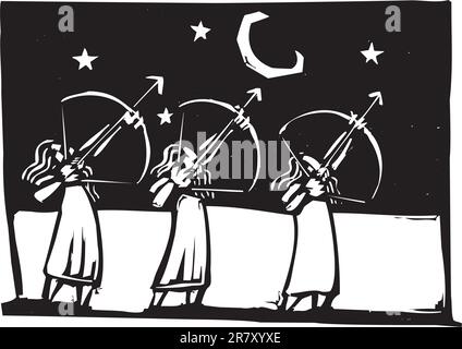 Trois hommes avec des arcs tirant des flèches dans le ciel de nuit. Illustration de Vecteur