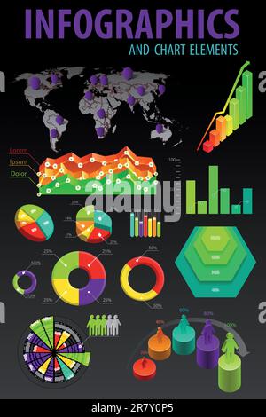 Définir les éléments des infographies. Carte du monde et graphiques d'information. Illustration vectorielle. Illustration de Vecteur