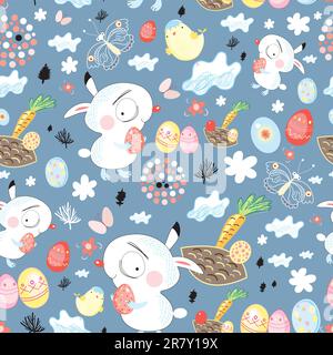 Motif de Pâques sans couture de lapins sur fond bleu avec nuages et œufs Illustration de Vecteur