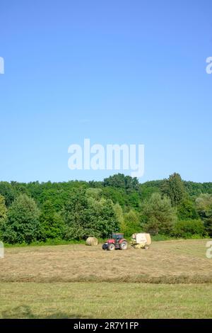 les lignes de mise en balles de tracteurs d'herbe coupée en mosaïque dans le comté de zala en hongrie Banque D'Images