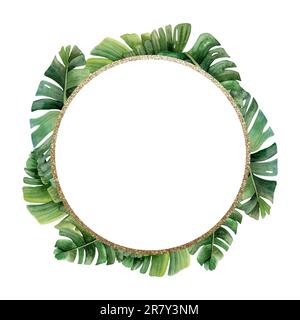 Vert tropical feuilles de palmier or cadre rond couronne aquarelle illustration pour les étiquettes, merci autocollants Banque D'Images