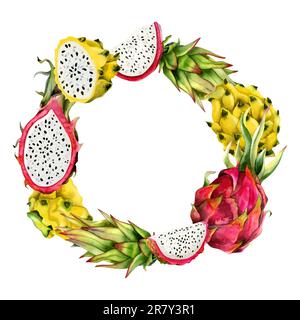 Cadre de couronne ronde Pitaya avec fruits dragon rose jaune et vert et tranches pour autocollants, étiquettes Banque D'Images