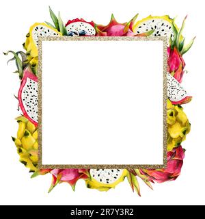 Cadre doré carré avec pitaya dans les couleurs jaune rose rouge des fruits de dragon. Modèle d'illustration de pitahaya aquarelle Banque D'Images