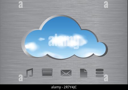 Forme de nuage découpée à partir d'un mur en métal brossé avec une vue sur les nuages dans le ciel et les icônes. Concept abstrait du Cloud computing. Illustration vectorielle. Illustration de Vecteur