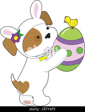 Un chiot mignon vêtu d'un costume de lapin de Pâques, tient un œuf peint avec un poussin assis sur le dessus. Illustration de Vecteur