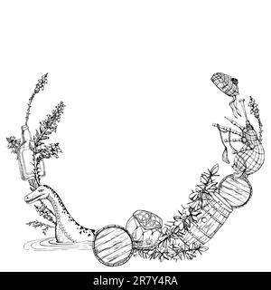 Illustration de l'esquisse graphique vectorielle dessinée à l'encre à la main. Symboles écossais couronne en forme de cercle. Whisky tartan bagpipe bruyère scotch balai fleur loch Ness. Conception Illustration de Vecteur