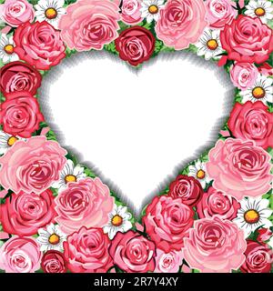 Illustration vectorielle d'un arrière-plan romantique de roses rouges et roses avec cadre en forme de cœur Illustration de Vecteur