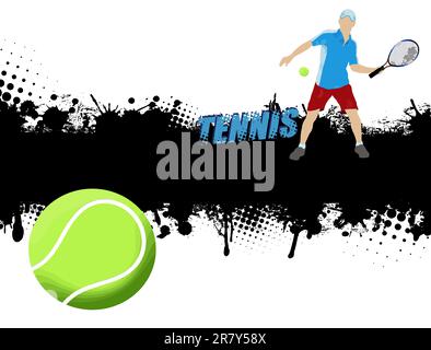 Affiche de tennis grunge avec joueur et balle, illustration vectorielle