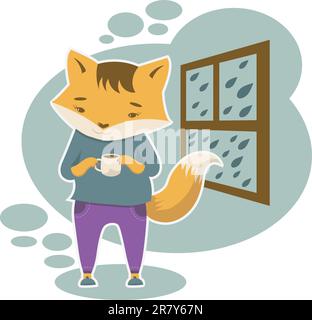 Fox reste à la maison confortable avec une tasse de café dans les jours de pluie près de la fenêtre sur fond transparent Illustration de Vecteur