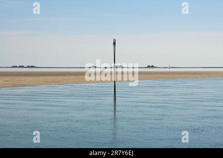 Banc de sable ou échalotes à proximité de la Langeness de Hallig dans la mer des Wadden de la mer du Nord. En arrière-plan le Hooge Hallig Banque D'Images